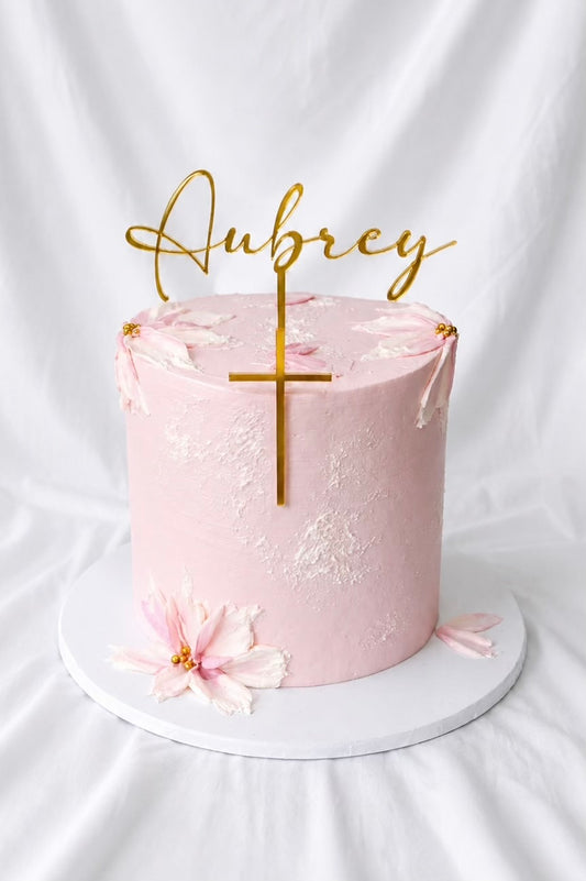 Personalised Baptism Single Layer Name Cake Topper & Cross Fropper Set