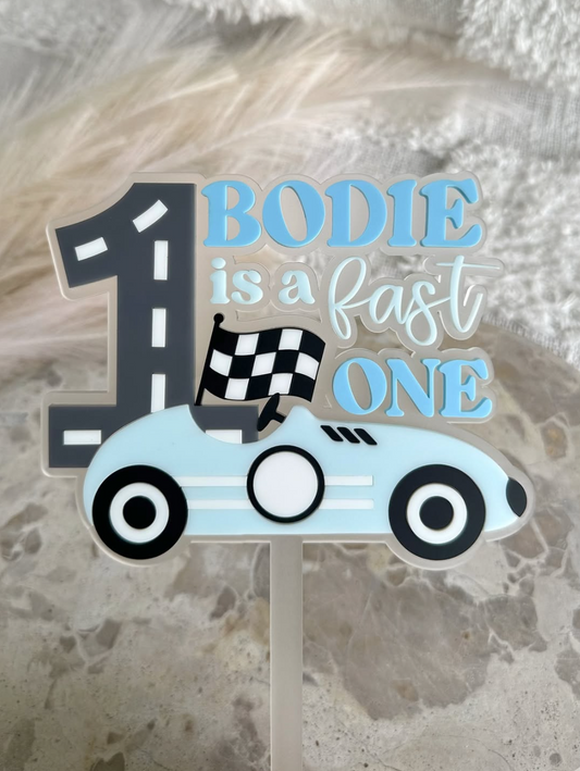 CAR 'Is A Fast One' Personalised First Birthday Cake Topper