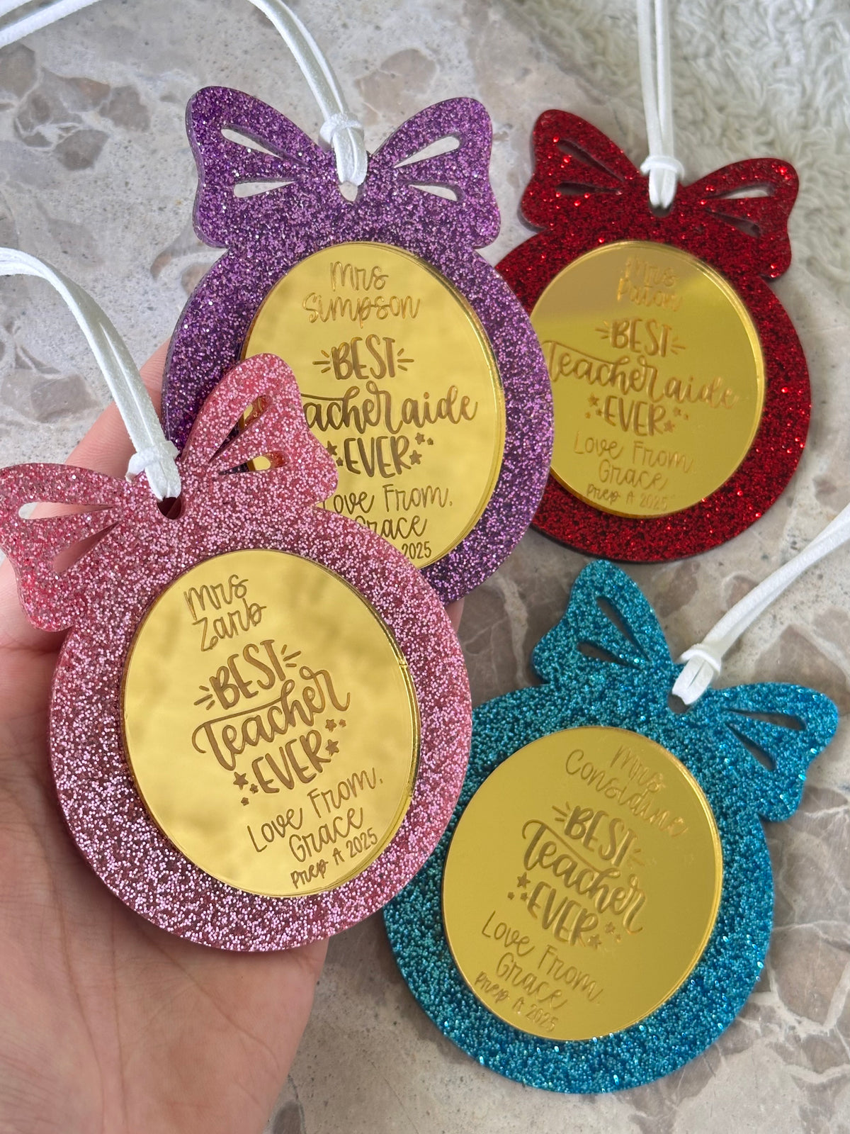 Best Teacher / Teacher Aide Ever Bow Personalised Christmas Tree Ornament