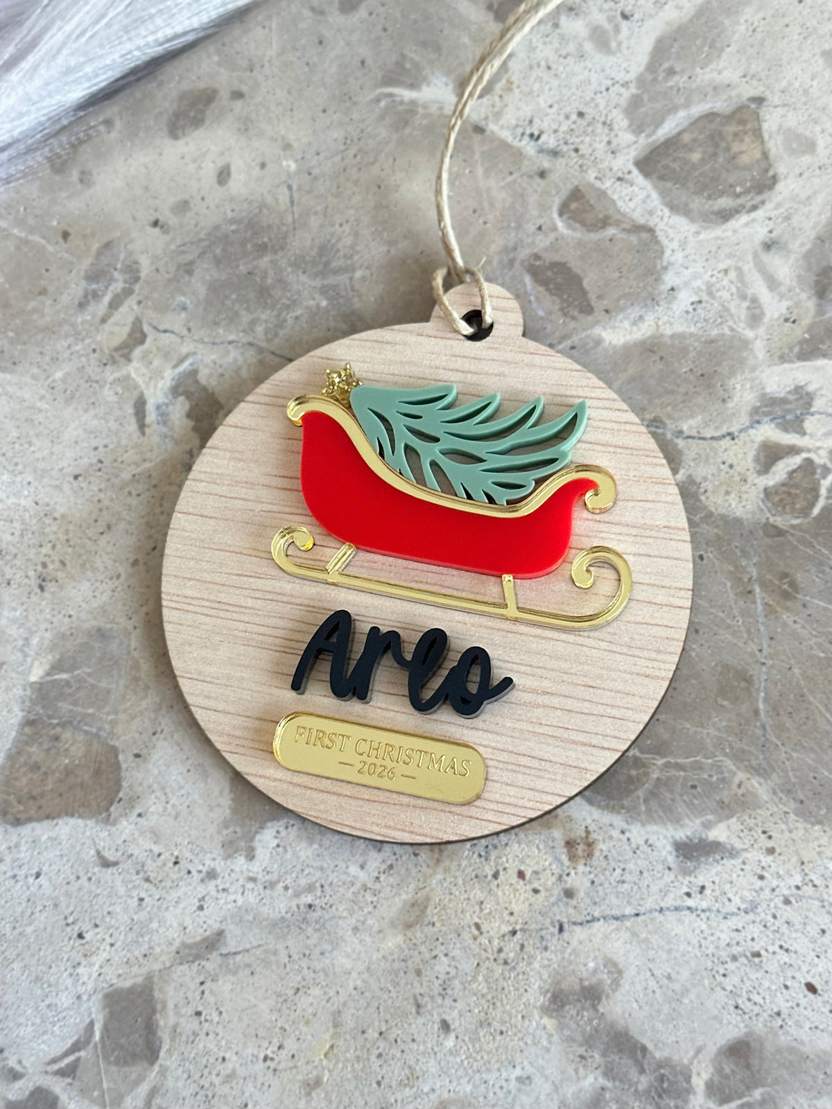 Christmas Sleigh & Tree Christmas Tree Ornament | With Or Without 'First Christmas' Plaque