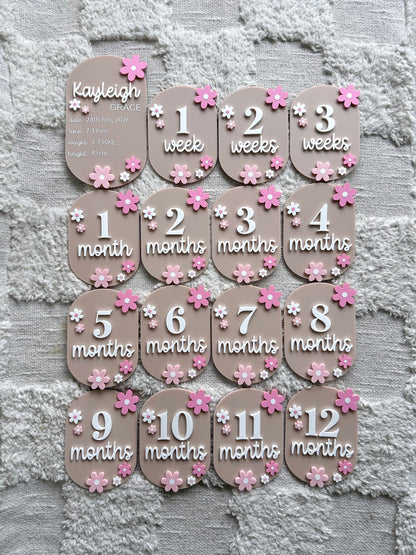 FLOWER Personalised Acrylic Baby's First Year Milestone Plaque Set