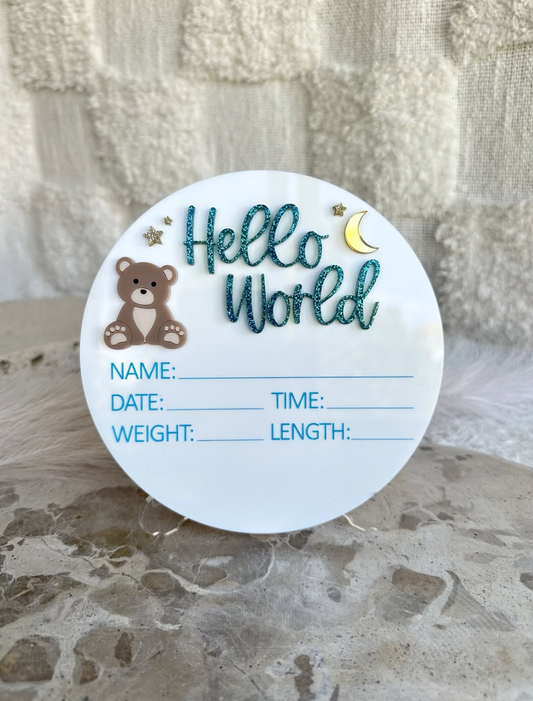 'Hello World' Bear Baby Announcement Plaque