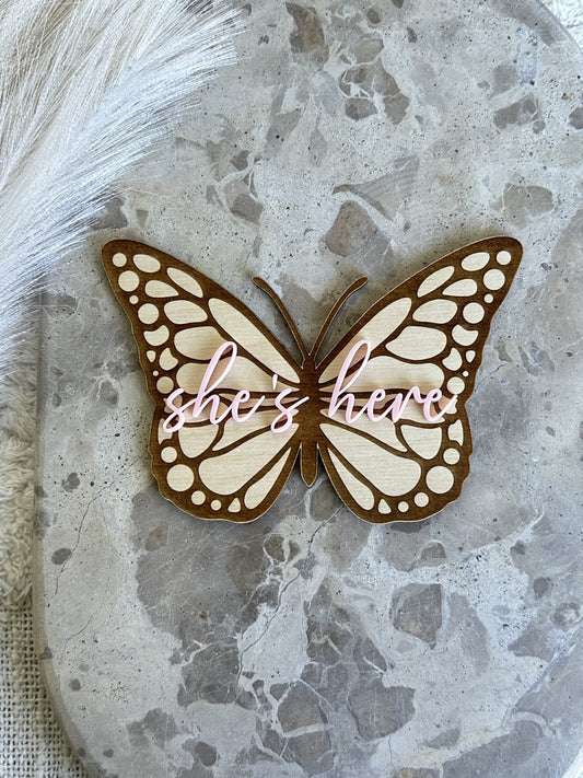 'She's Here' Butterfly Announcement Plaque