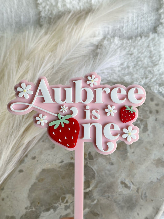 STRAWBERRY & DAISIES Berry First Personalised Birthday Cake Topper